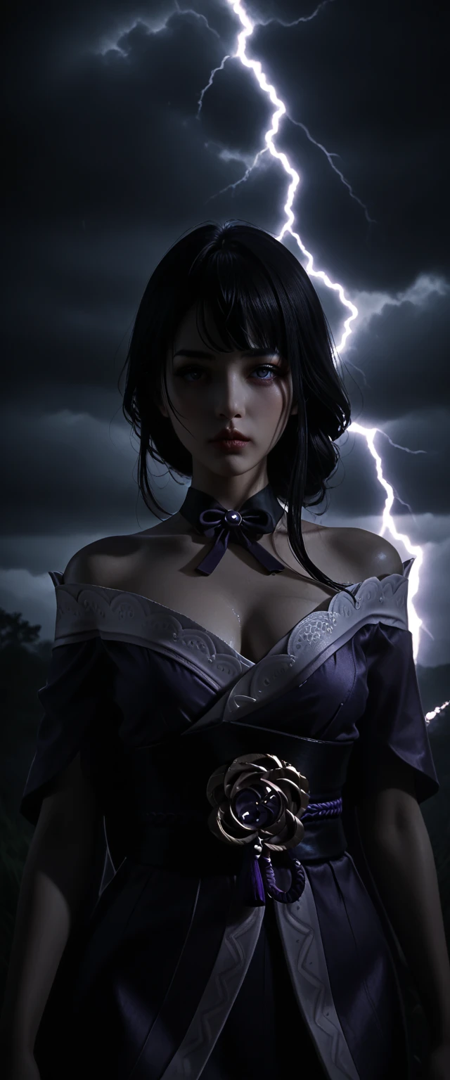 Goddess of thunder and lightning, Majestic and Regal demeanor, wet and beautiful woman , badass and magnificent bearing, exquisitely detailed and life-like, Ultra HD, Photorealistic portrait, heavy winds and rain, epic lighting and shadows, glowing lightning filled purple eyes, symmetrical and aesthetically pleasing, 1girl, Raiden Shogun Ei from genshin impact, extremely detailed goddess of death, highly detailed kimono, extremely detailed and revealing gothic off-shoulder kimono, dark and stormy night, lightning blazing in the skies, extremely detailed and realistic skin, extremely detailed medium perky breasts, dramatic cinematic lighting, intricate details, dramatic atmosphere,dark purple hair, dark moody lighting, lush garden background, dramatic colors, photorealistic, 8k, best quality, masterpiece, deep low-cut neckline showing décolletage, life-like and Photorealistic taken from a Leica m9 50mm 1.2 pouting kissable lips 