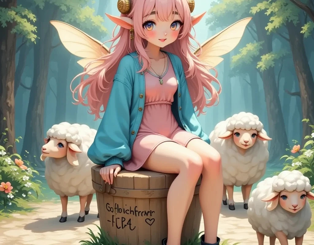 (SFW:1.3,  super high resolution ,  top quality,  high resolution icons floating in the deep sea),  1 girl,  long pink fluffy hair , Sheep&#39;s round horns,  thick eyebrows,  long pointed ears of elves , smile,  pink sleeveless dress,  sky blue cardigan written on the window, Exposing the mold ,  writing on the stump  "40k thanks":1.5