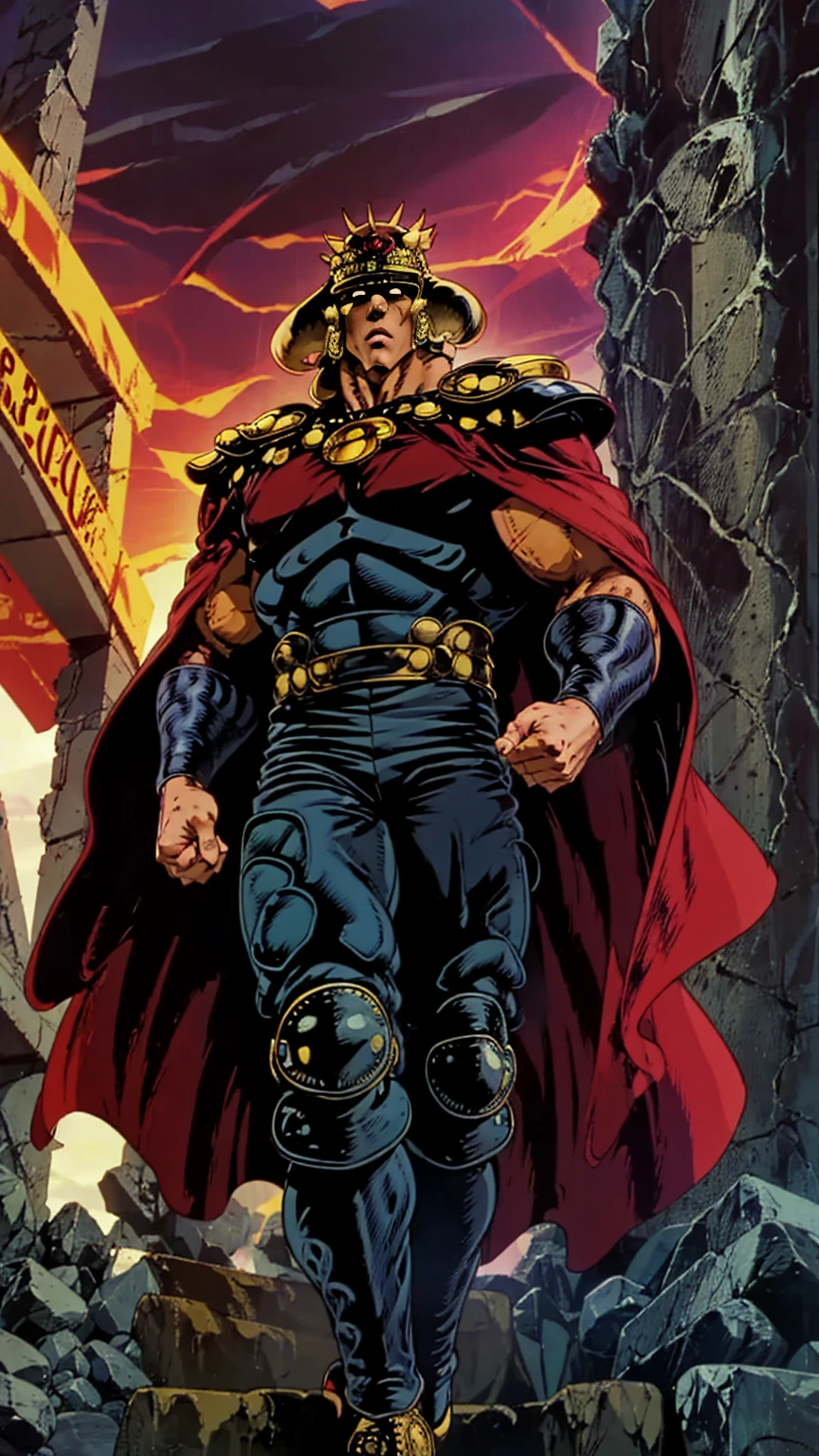 8K images、Man Standing 、Raoh from Fist of the North Star(:1.5)、doping    、 muscular、 Leather Armor、 Black Leather Long Pants Pants   、I don't wear a helmet、 red cloak、   boots、The face of hatred 、   stare at me with eyes wide open、Shining Eyes  、Ruins、   black background、     stand with feet shoulder-width apart     、   flashy action pose   、 Show Your Palms Here 、Full body exposure  、   Overflowing Fighting Spirit   、戦場のRuins、  Wear Your Aura  、 Full body view walking powerfully  、Mythical Picture 