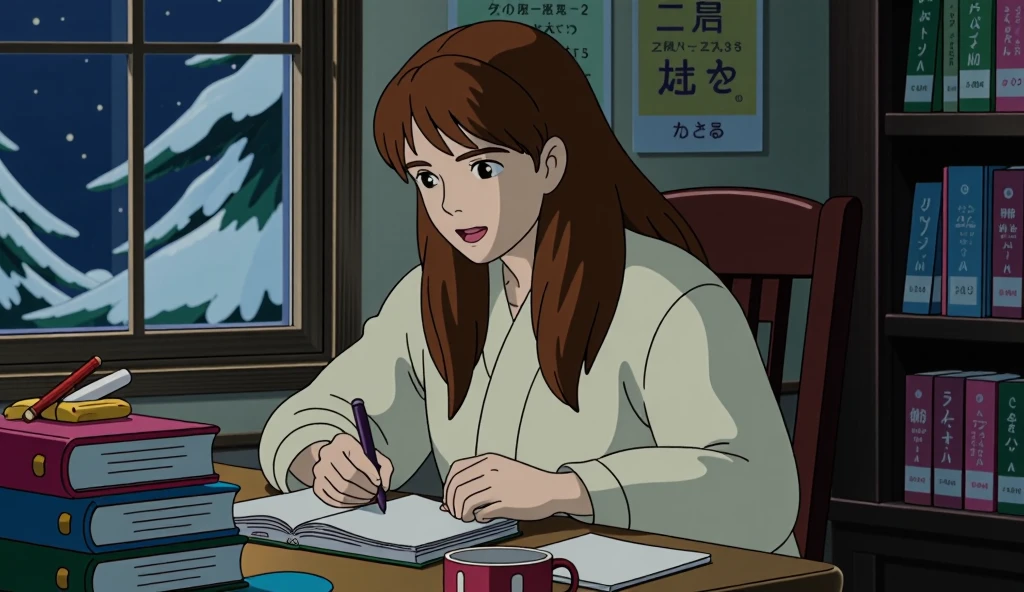 There is an 18 year old girl .  brown hair, brown eyes .  Wave jeans, long hair . Comfortable and warm clothes .  There are cute posters with Japanese written on them in the room. There's also a bookshelf .  Outside the window, it's dark and snowing .  She's taking notes with a pen in one hand .  Pile of books and pencil cases in front of her ,  There are mugs .