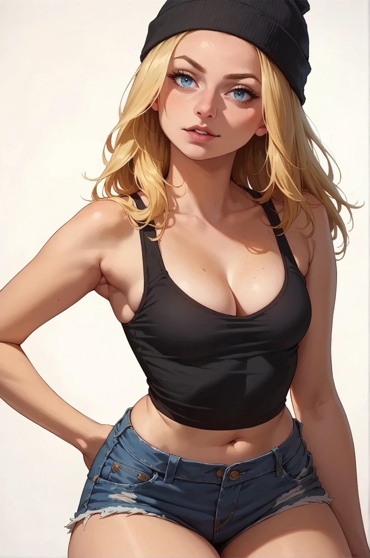 score_9, score_8_up, score_7_up, cartoon of a girl, solo, sexy, slutty, blue eyes, blonde hair, straight hair, black beanie, black sleeveless, denim shorts, cleavage, small breast, white background