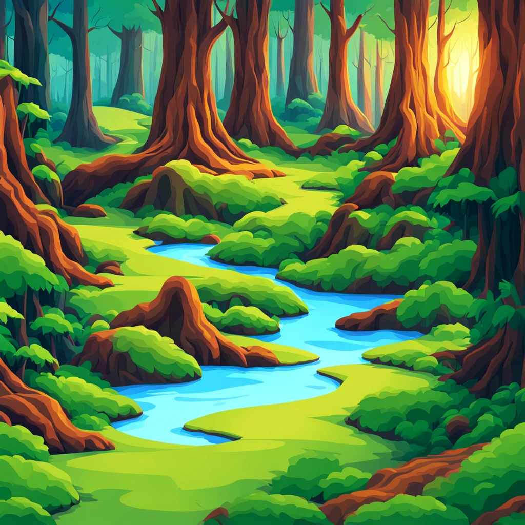 create a smooth abstract multicoloured painting in 2d of a minimalist 2d forest with a river, outdoor, solid white background , 2d platformer game , global illumination, vibrant colors