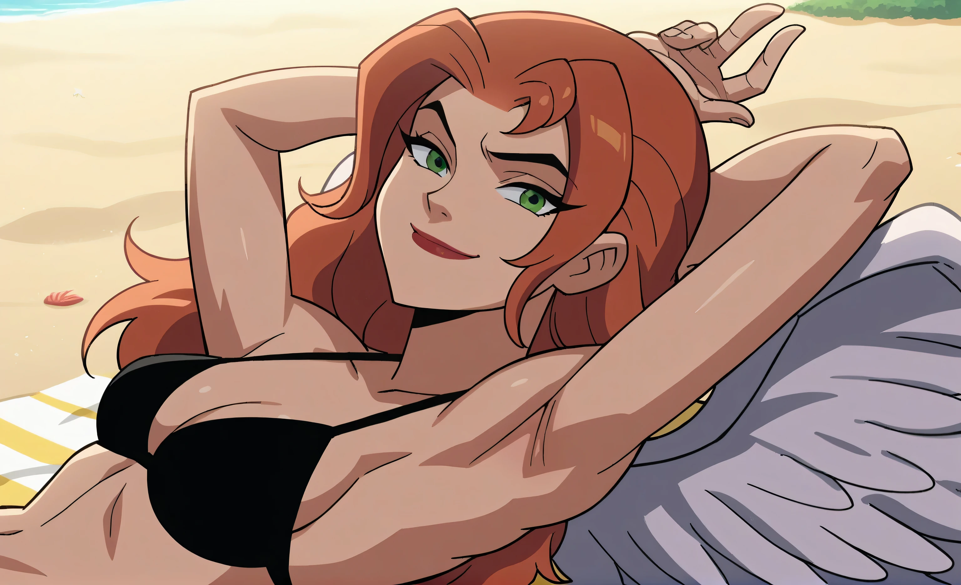 score_9, score_8_up, score_7_up, source_anime, anime screencap, 1girl, solo, shayera hol, angel wings, feathered wings, wings, long hair, green eyes, side tie bikini, black bikini, medium breasts, bare shoulders, bare arms, arm up, raised arm, armpit, looking at viewer, head towards viewer, smile, closed mouth, badhandv4, outdoors, day, beach, from side, lying on towel 