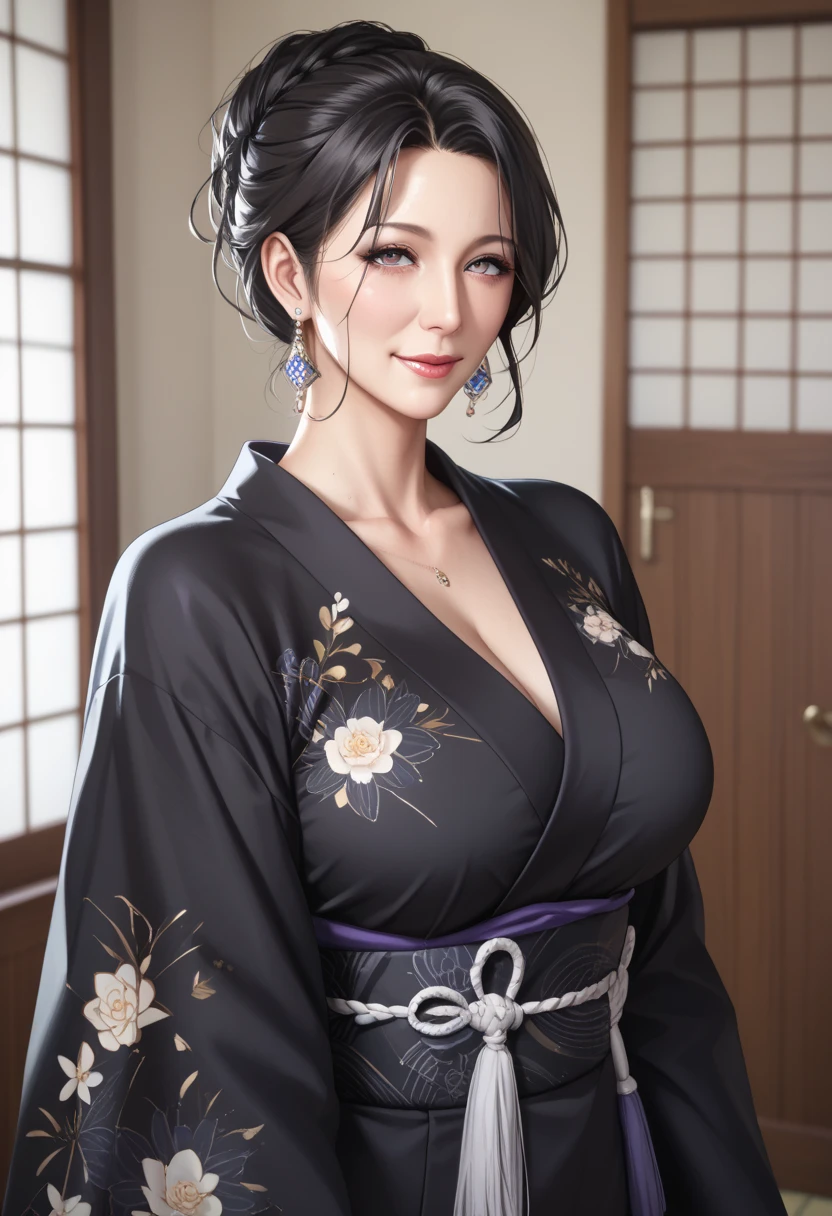 Look up、 Black Kimono、( mature woman :1.4)、Poisonous woman 、50 years old、Captivating smile、 black hair、 up hair 、Married women、 de emphasizing trust 、Japanese-style room