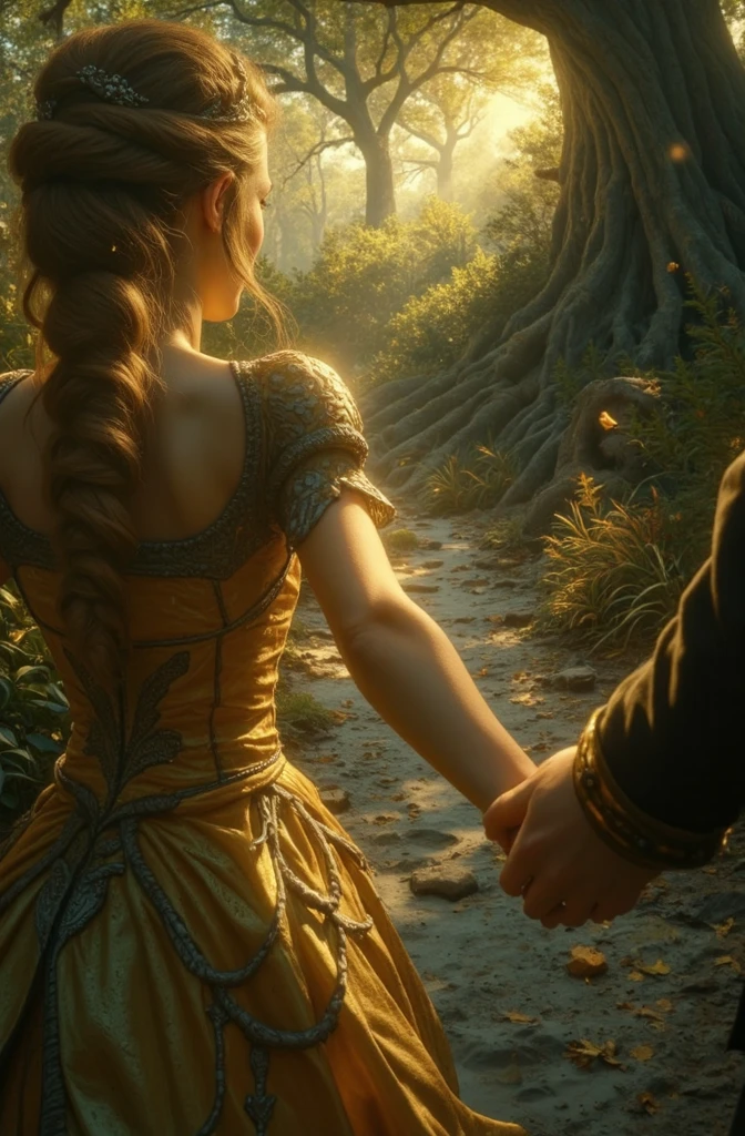 best quality, masterpiece, photorealistic, elaborate details, an elven princess is taking your hand heading towards the big tree where you first met her, first person view, elaborate details, photorealistic illustration, anime style