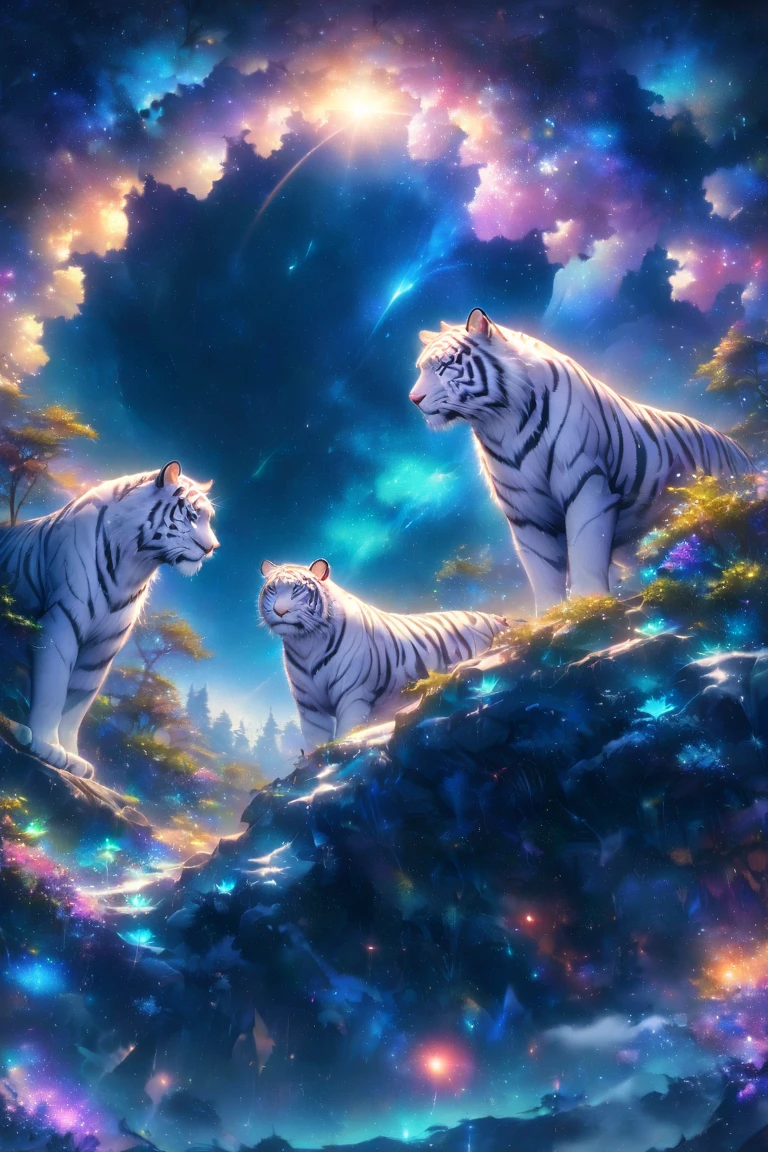 extensive landscape photography (a view from below showing the sky above and an open forest below), a white tiger on a path looking at the landscape, white siberian tiger, full fur, white fur (particle of light around of the tiger), toffu fur, night scenery, (full moon: 1.2), (shooting stars: 0.9), (nebula: 1.3), (warm light source: 1.2), (Firefly: 1.2), ( snowflake: 1.0), (snow on tree) (masterpiece: 1.2), (best quality), 4k, ultra detailed, (dynamic composition: 1.4), very detailed and colorful details, (iridescent colors: 1 ,2), (bright lighting, ambient lighting), dreamy, magical, (alone: ​​1,2)