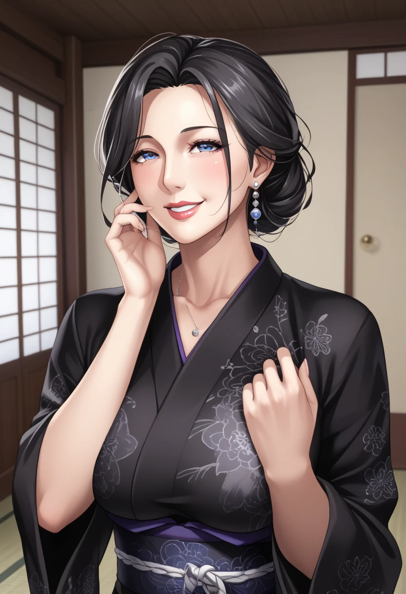  super high definition ,8k,score_9,source_anime,Look up、 Black Kimono、( mature woman :1.4)、Poisonous woman 、50 years old、Captivating smile、 black hair、 up hair 、Married women、 de emphasizing trust 、Japanese-style room