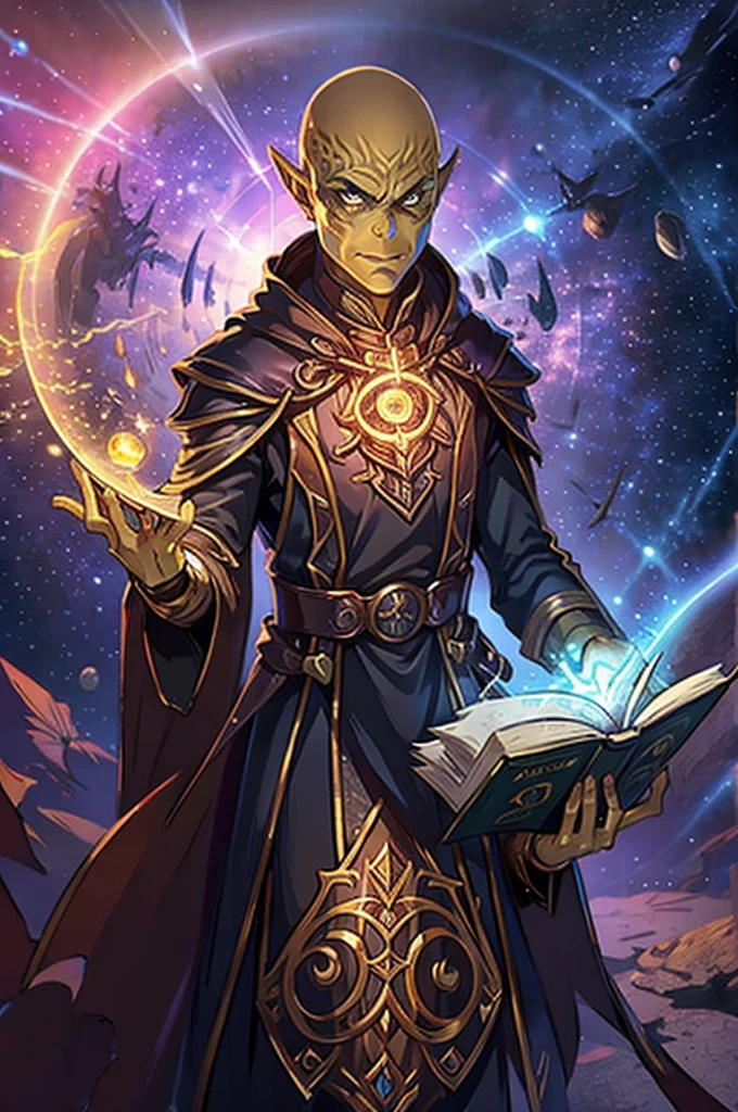  male battle magician Git-Yanka , Full equipment , bald,  in the hands of a spell book that glows, against the background of many open portals to other worlds of space, sits in the lotus position and reads a book