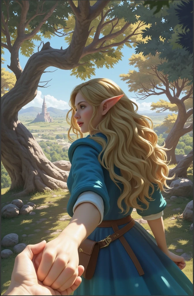 best quality, masterpiece, photorealistic, elaborate details, an elven princess is taking your hand heading towards the big tree where you first met her, first person view, elaborate details, photorealistic illustration, anime style