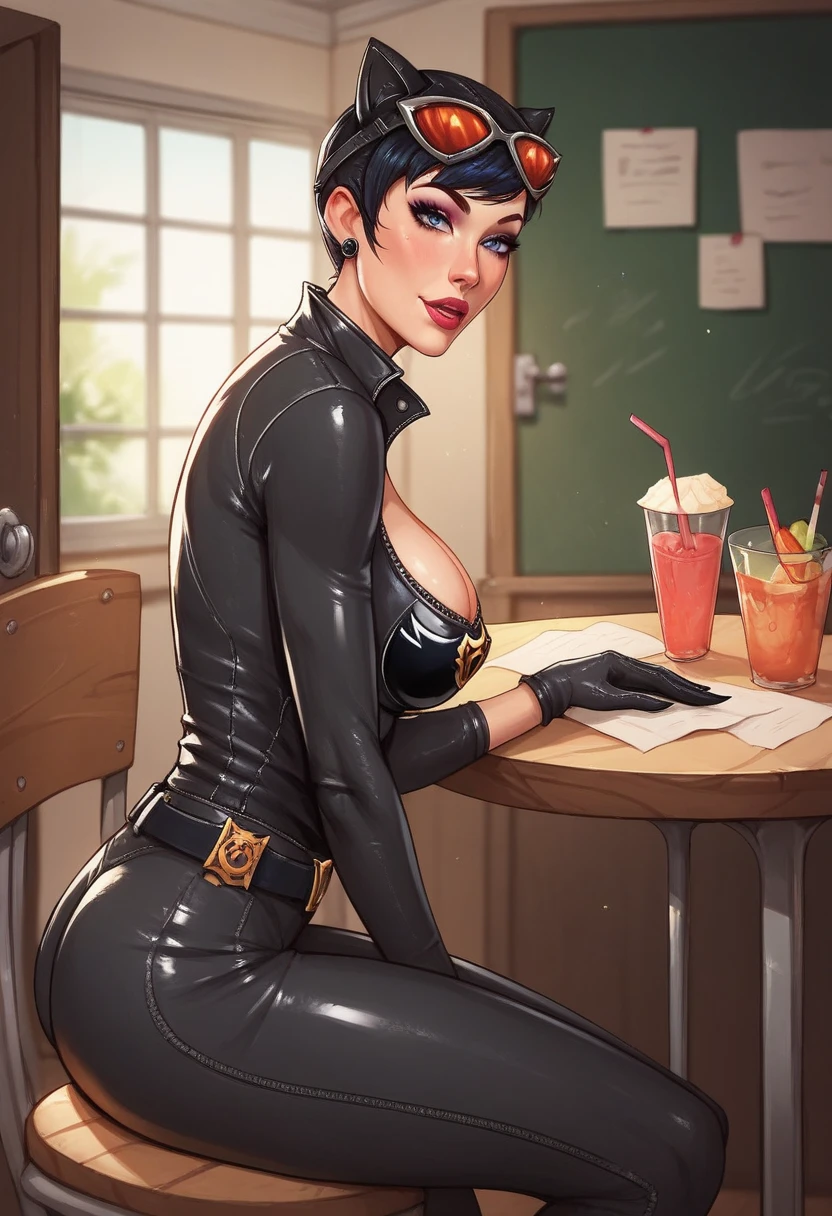 Catwoman sitting at lunch table and then she hears a knock at her door 