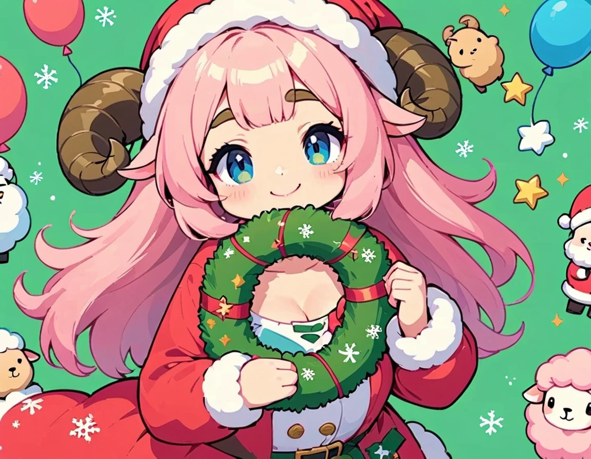 ( super high resolution ,  top quality,  high resolution icons floating in the deep sea),  1 girl,  balloon  "40k thanks":1.5,  Long Pink Fluffy Hair , Sheep&#39;s round horns,  thick eyebrows, smile,  Santa costume,  Cute Postcard Tastes, Green background,  Christmas Wreath:4 Corners , "40k thanks":1.5