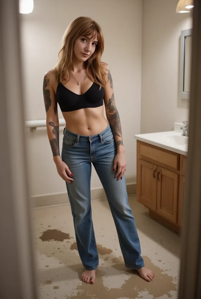 peephole perspective ,humorous, hallway, beautiful tattooed woman wearing denim shorts, tank top and flip flops posing standing outside in the hallway .  HD, 16K, High Definition, In the style of contemporary photography.