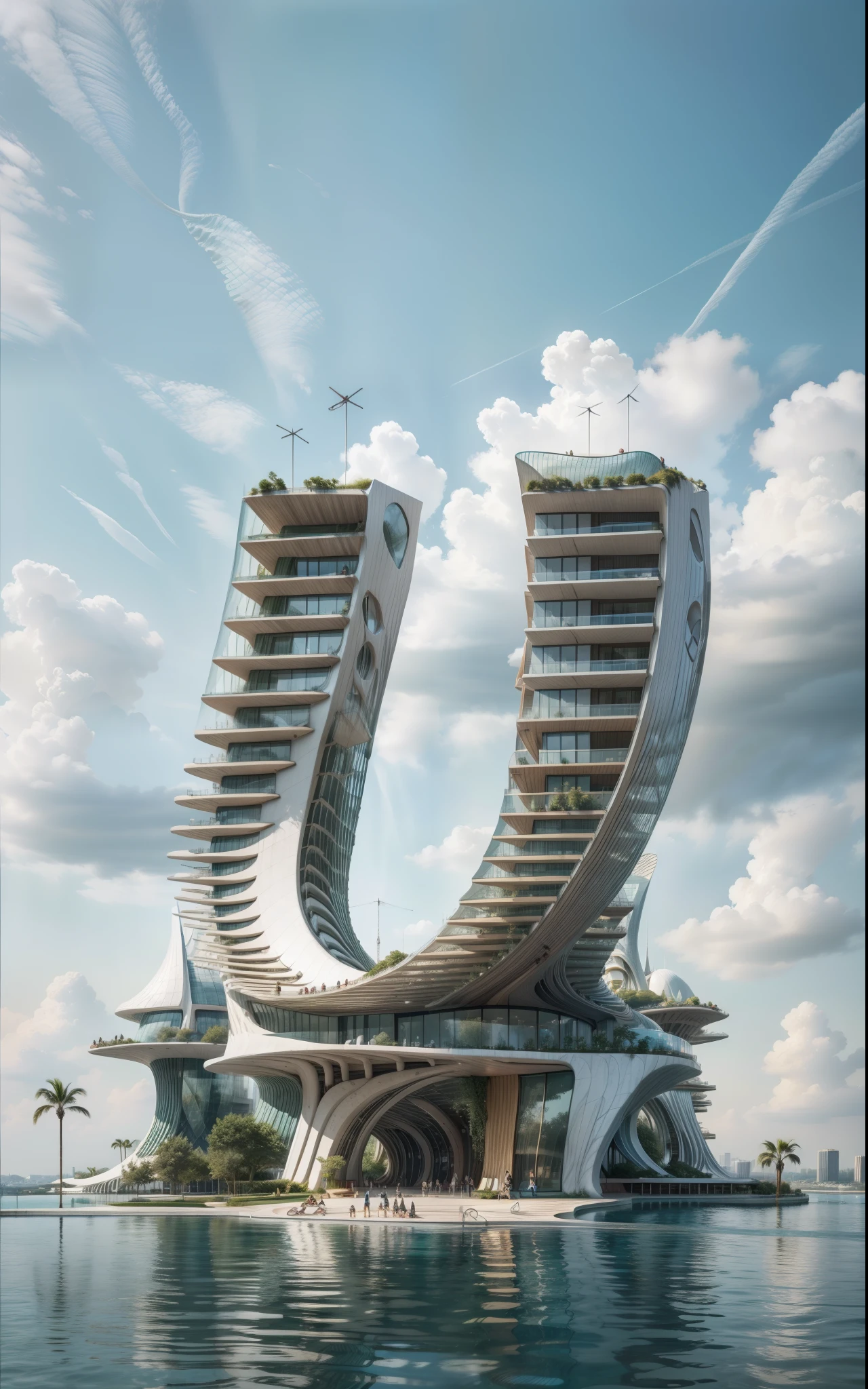 Amazing Architecture by zaha hadid, tower in the sky, by syd mead, park, trees, people, realistic, pools, blue sky