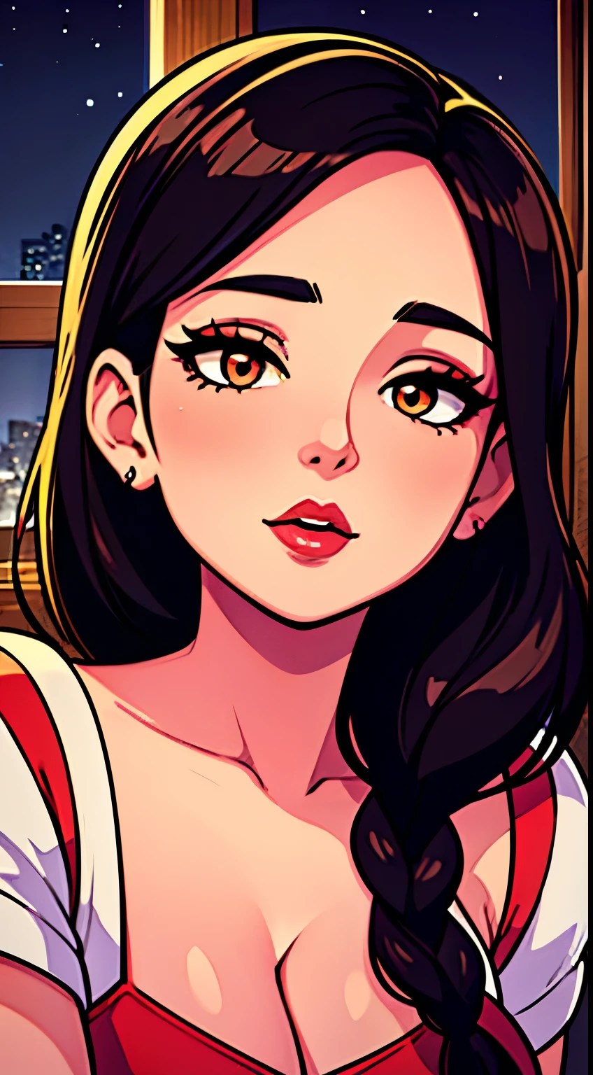 Amazing portrait of a sexy woman with short brown hair that is middle parted with lots of makeup during night time with soft lighting showcasing her perfect red lips wearing a loose blue tank top and black short shorts
