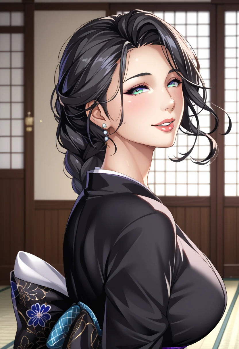  super high definition ,8k,score_9,source_anime,Look up、 Black Kimono、 mature woman 、Poisonous woman 、50 years old、Captivating smile、 black hair、 up hair 、Married women、 de emphasizing trust 、Japanese-style room,  hair_pulled_back,parted_lips, Single_braid,