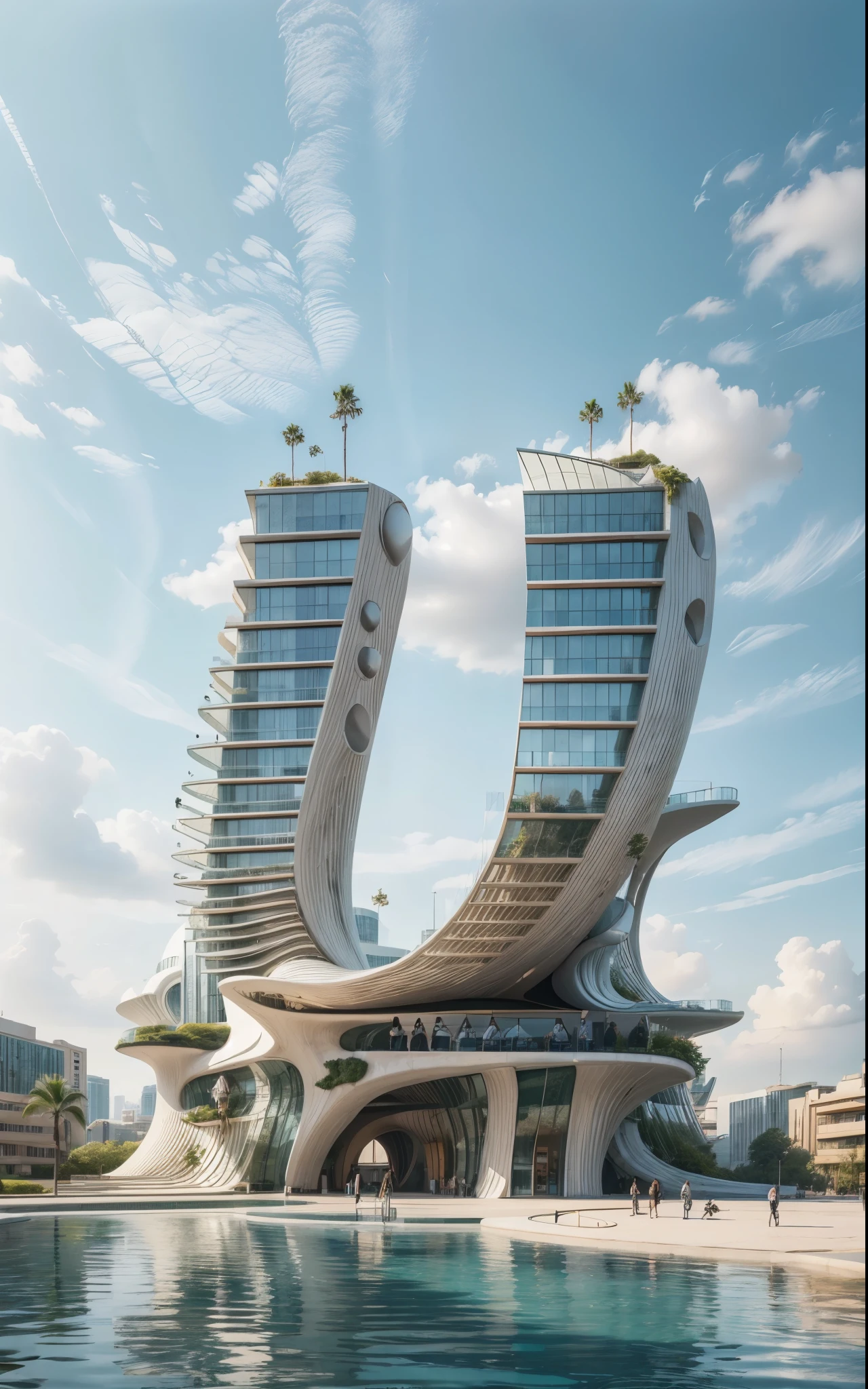  blue sky, Amazing Building by zaha hadid, tower high in blue sky, by syd mead, there is  park on the ground ,trees.  people walking, pools, clear blue sky, realistic