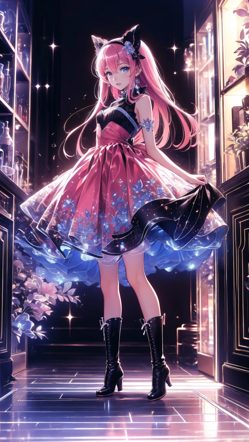 looking at the audience、,(whole body,  I can see your feet and shoes : 1.2),.( top quality,4K, high definition ,masterpiece:1.2), very detailed with crimson hair, anime style 、story、、 beautiful girl、とてもcute天使、 pink gothic dress standing in front of the front door、cute、baby face、smile、 Long Skirt、 black boots、Very cute headband