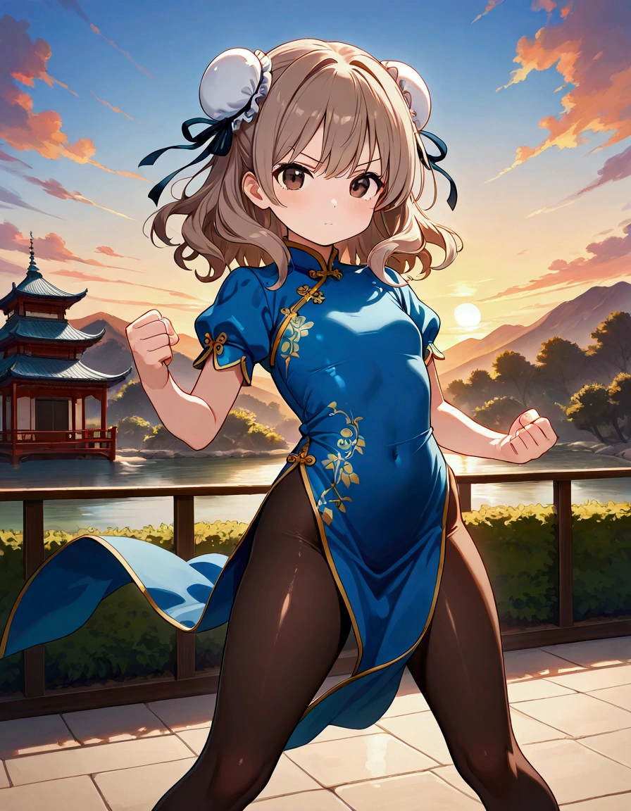 1girl, young, voluptuous, solo, light brown hair medium hair wavy hair, bun cover with ribbon, dark brown eyes, closed mouth, shiny chinese dress long dress short sleeves, black thin pantyhose, guard stance, pose showing thighs, looking at viewer, masterpiece, best quality, very aesthetic, highly detailed, high resolution, amazing quality, absurdres,scenery,