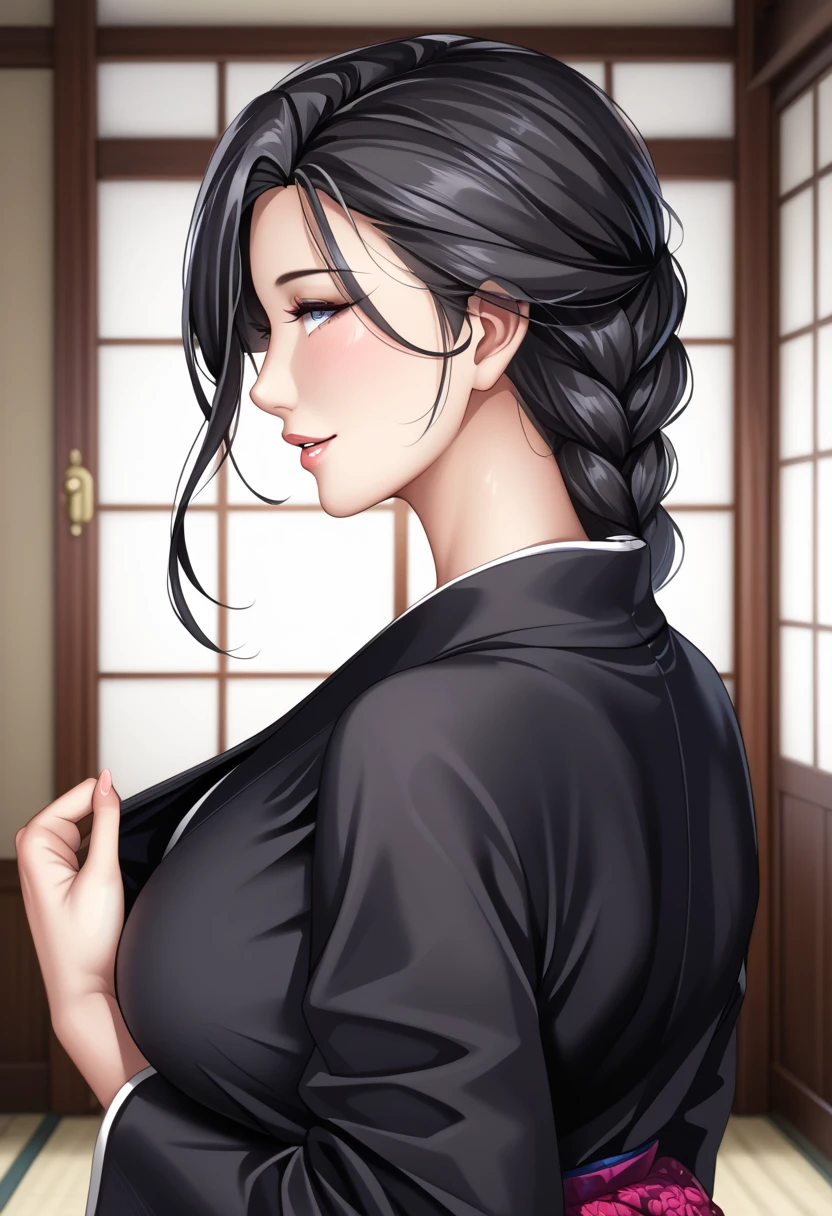  super high definition ,8k,score_9,source_anime,Look up、 Black Kimono、 mature woman 、Poisonous woman 、50 years old、Captivating smile、 black hair、 up hair 、Married women、 de emphasizing trust 、Japanese-style room,  hair_pulled_back,parted_lips, Single_braid,