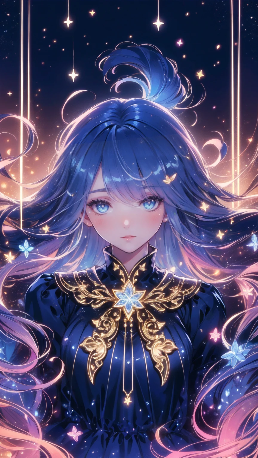 Anime, Cute girl with long hair , whole body, beautiful face,  cute eyes from the right, Starry sky background, I'm wearing a dress and a gold necklace ,  Dreamy Atmosphere ,  Fantasy Art Style , in the style of Anime,  My hair has 2 different soft shines