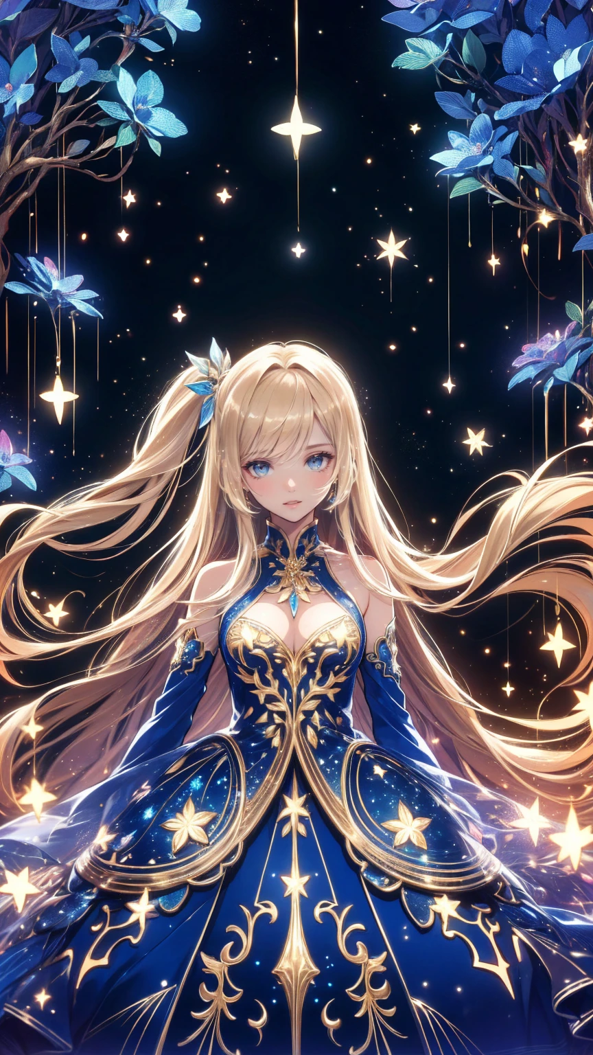 Anime, Cute girl with long hair , whole body, beautiful face,  cute eyes from the right, Starry sky background, I'm wearing a dress and a gold necklace ,  Dreamy Atmosphere ,  Fantasy Art Style , in the style of Anime,  My hair has 2 different soft shines