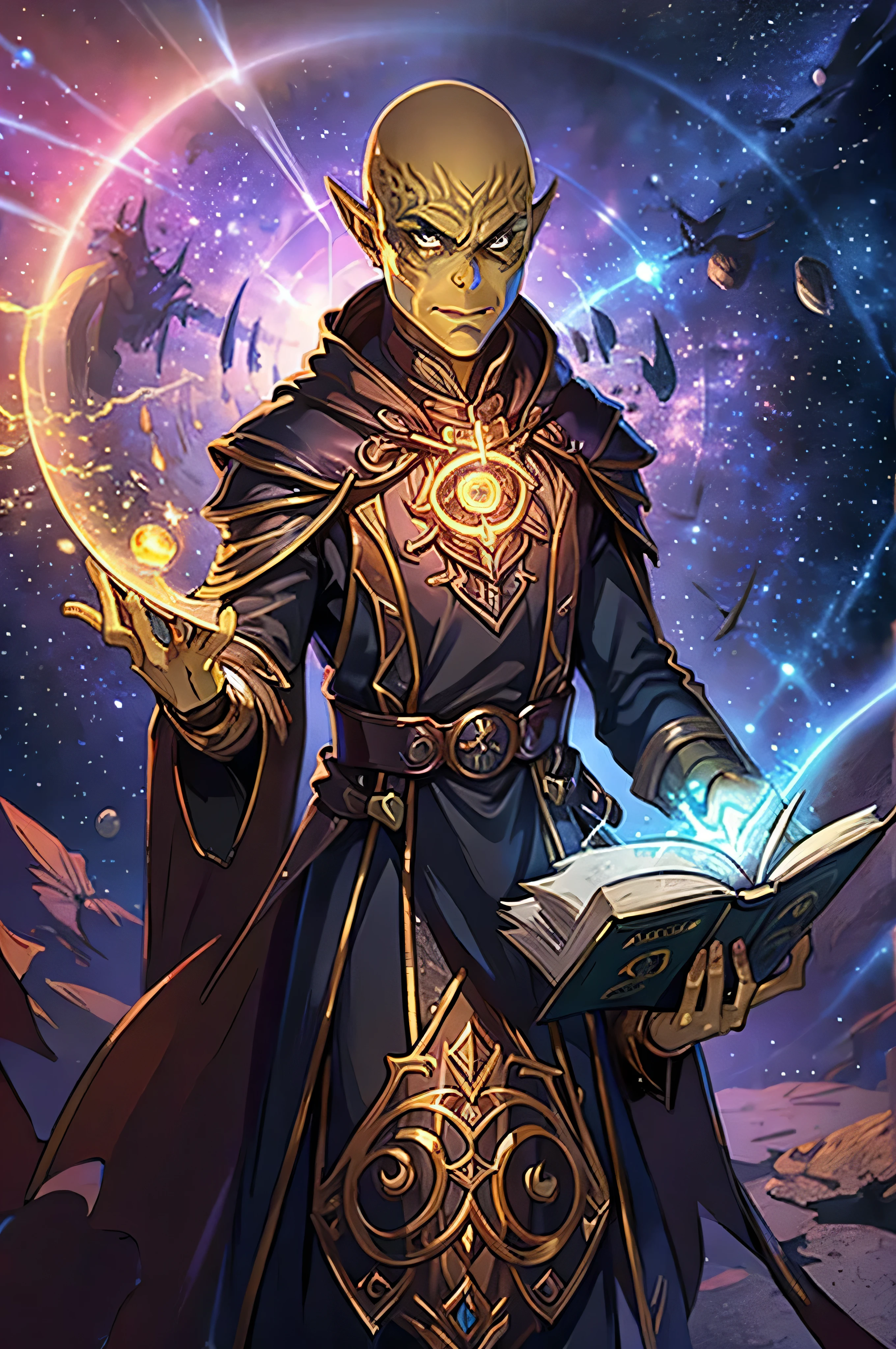 male battle magician Git-Yanka , Full equipment , bald, in the hands of a spell book that glows, against the background of many open portals to other worlds of space, sits in the lotus position and reads a book