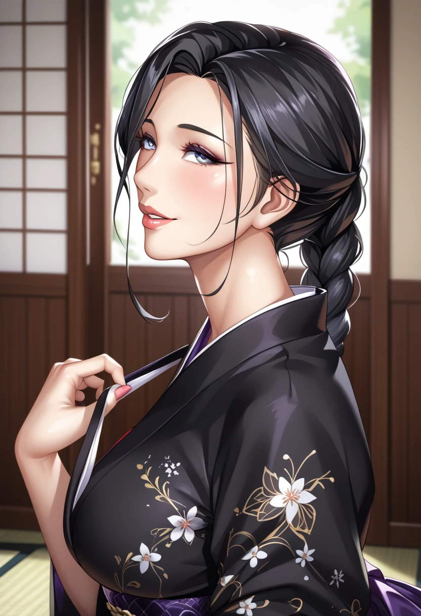  super high definition ,8k,score_9,source_anime,Look up、 Black Kimono、 mature woman 、Poisonous woman 、50 years old、Captivating smile、 black hair、 up hair 、Married women、 de emphasizing trust 、Japanese-style room,  hair_pulled_back,parted_lips, Single_braid,