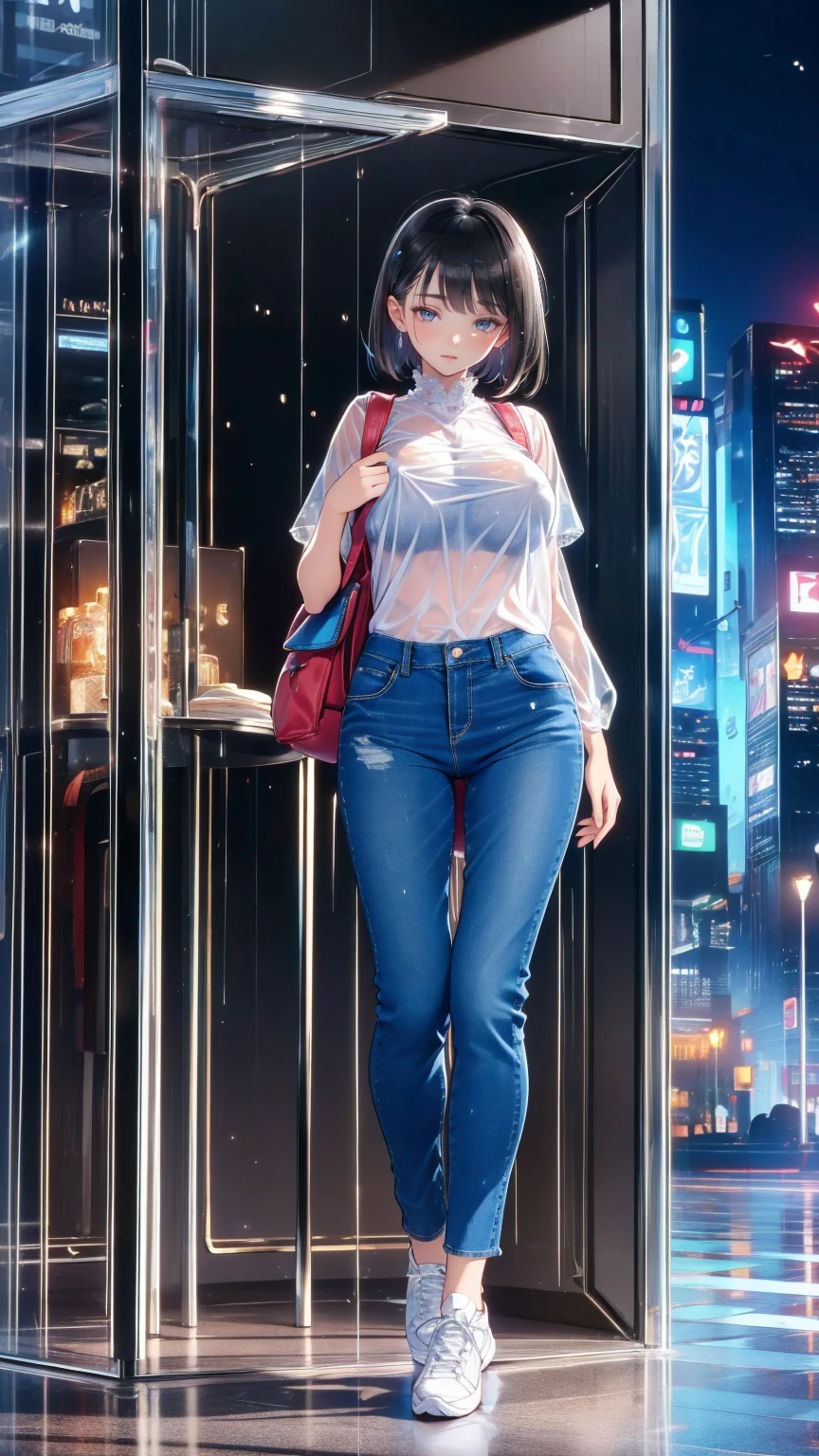 masterpiece,  high definition ,  One Girl , 20 and.〇,  black hair, p〇nytail, ( just the right fit:1.7), Thin, Transparent white shirt:1.7, ( wet:1.2),( Big Bust:1.5),Denim mini pants,  wears sneakers, carrying rand〇fun backpack, (rand〇fun backpack:1.1), crime prevention〇n buzzer,  standing with different breasts , upper b〇dy:1.7, city