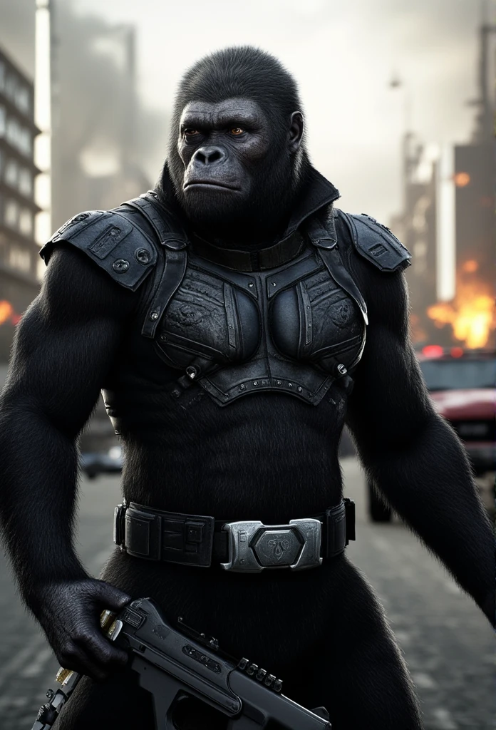 ((masterpiece)) ((photography)) ((Highest quality)) Nick Fury reimagined as a battle-hardened gorilla, with dark fur and a piercing, steely gaze. He wears his iconic eye patch over one eye, giving him a menacing, serious expression. His gorilla features are sharp, with a strong jawline and a scar running down his cheek. He’s dressed in a tactical outfit with a leather jacket, and he holds a futuristic weapon in one hand, ready for action. The backdrop is a war-torn city, with smoke rising from the ground and a sense of urgency in the air.