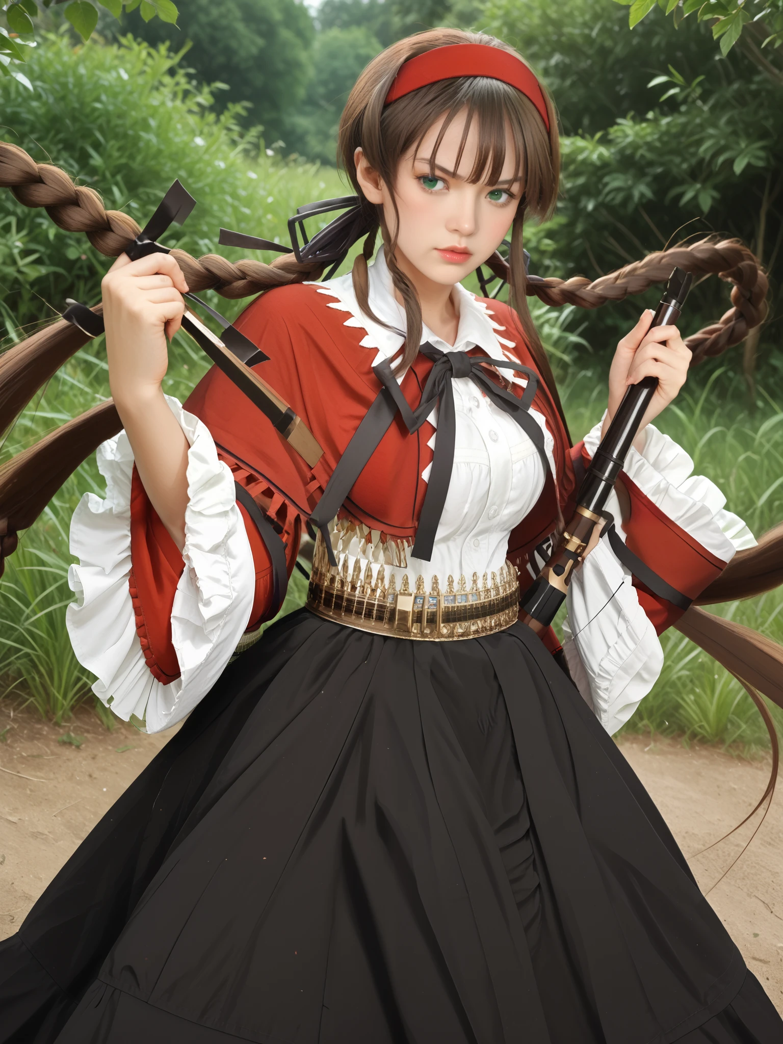 green eyes, brown hair, very long hair, braided hair, red hairband, hair ribbon, large breasts, BREAK, black ribbon, white dress, black skirt, frills, red capelet, long sleeves, BREAK, realistic, fantasy, real, evil, Ryoubi, european