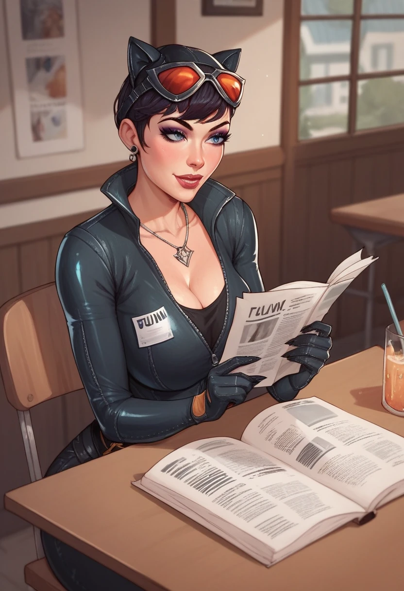 Catwoman sitting at lunch table reading newspaper 