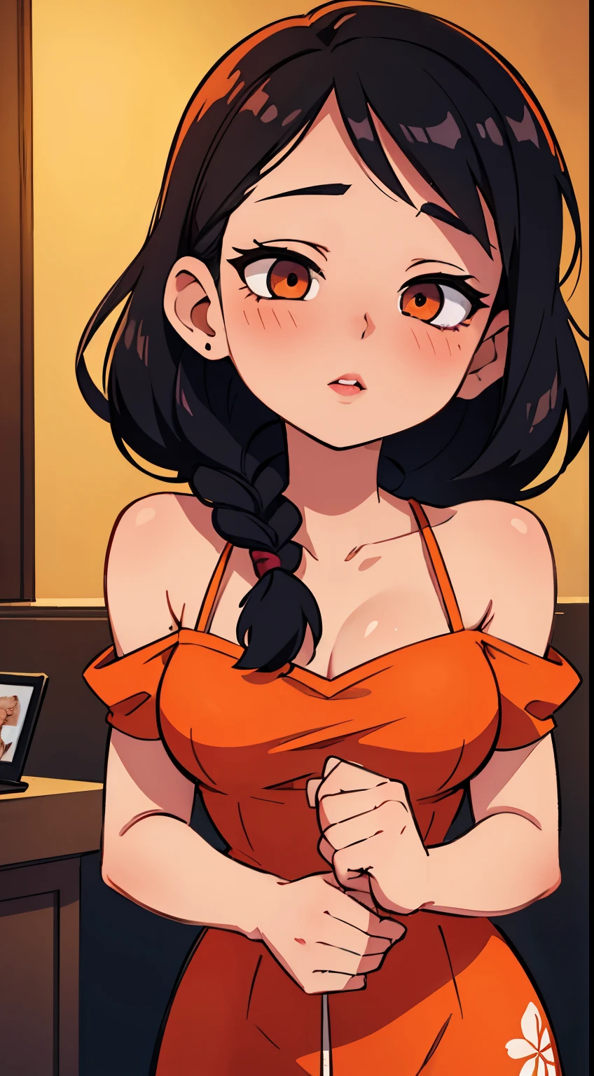 Amazing portrait of a woman who is 30 years old and an adult and a sexy woman in a bedroom with a beautiful detailed face emphasised by some amazing makeup wearing an orange maxi dress with floral patterns and a square neckline that emphasizes her medium chest and slightly puffy short sleeves with a lustful expression heightened by her seductive eyes with smokey eyeliner with her black hair in a long braid during night time with soft lighting showcasing her red lips and her beautiful face in detail and close up 