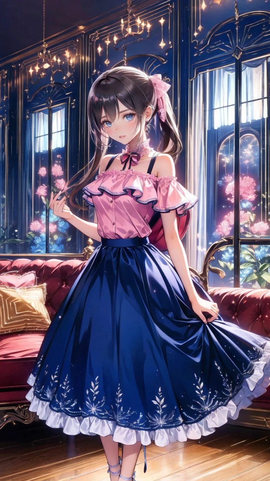 masterpiece,  top quality,  high definition ,  1 girl,  long hair, one side up, Alone,  ponytail,Brown Hair,  blue eyes, Bare shoulders,  pink shirt , Short sleeve,  Off Shoulder Shirt , frills,  blue skirt,  cowboy shot , smile, standing with different breasts ,  full body,  wear high heels, wearing red   backpack, (  backpack:1.1), indoor, Sitting on sofa, (sofa:1.2)