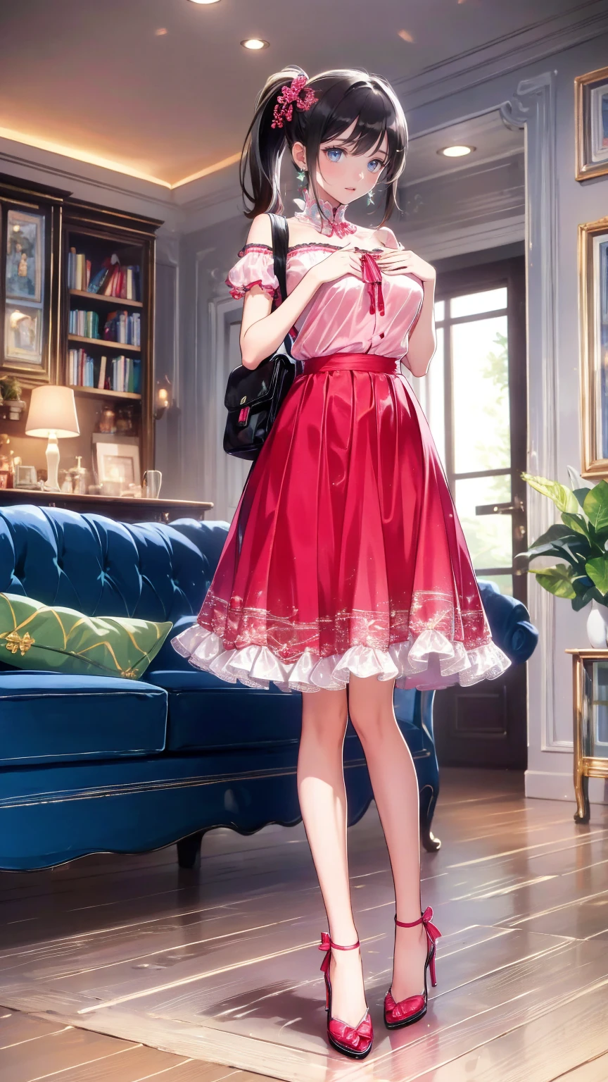 masterpiece,  top quality,  high definition ,  1 girl,  long hair, one side up, Alone,  ponytail,Brown Hair,  blue eyes, Bare shoulders,  pink shirt , Short sleeve,  Off Shoulder Shirt , frills,  blue skirt,  cowboy shot , smile, standing with different breasts ,  full body,  wear high heels, wearing red   backpack, (  backpack:1.1), indoor, Sitting on sofa, (sofa:1.2)