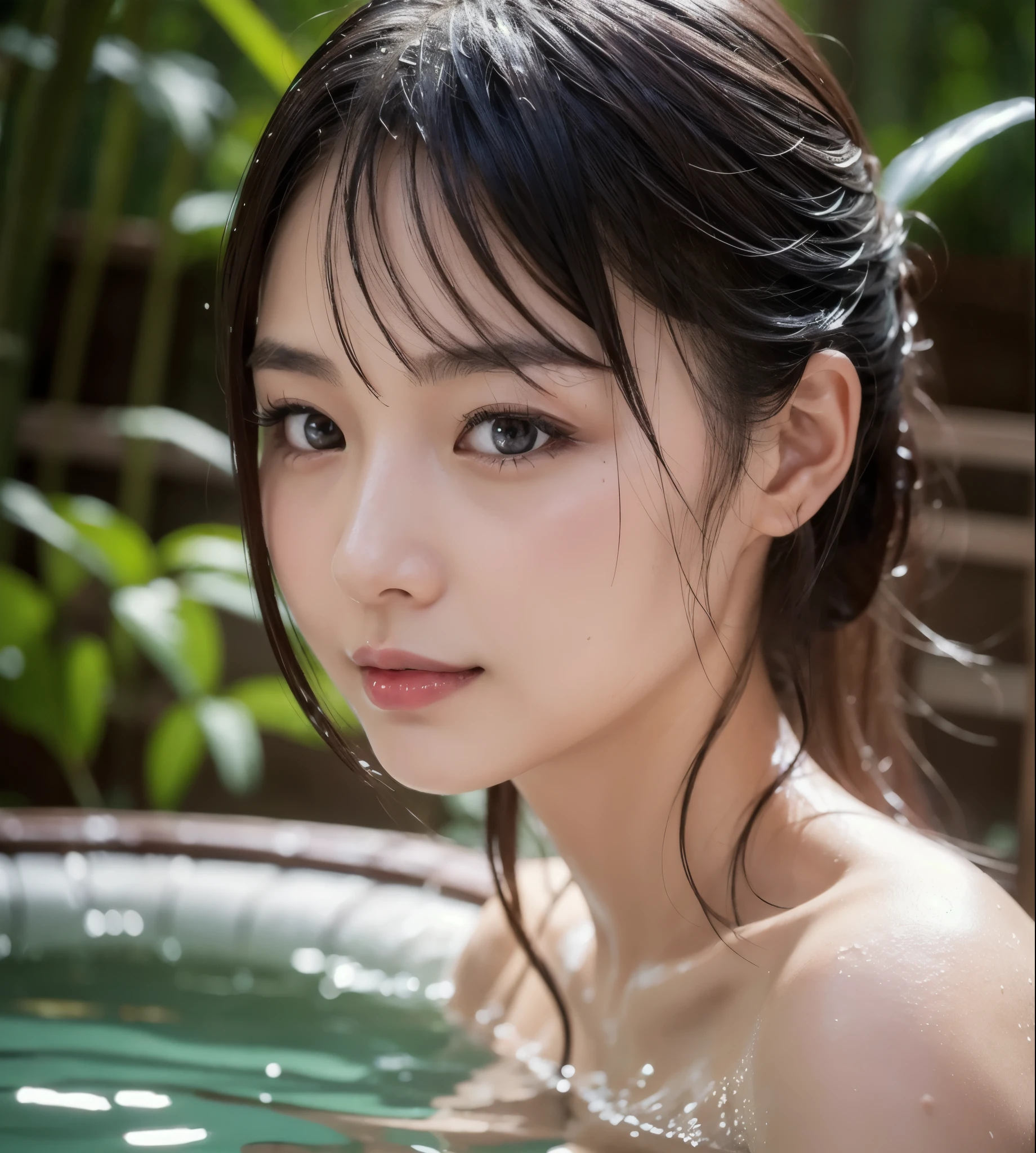 (masterpiece、high-level image quality、foco nítido)、Japan Woman、14years、Sexy Girl、Beautiful、(Hide large objects with a hand-held towel、Soak in the hot springs of the Japan)、Hot springs in nature、(((steam:1.15)))、wretched、Hair gets wet、Skin also gets wet、Beautiful skin、Comfortable and relaxed appearance、autumn in japan、