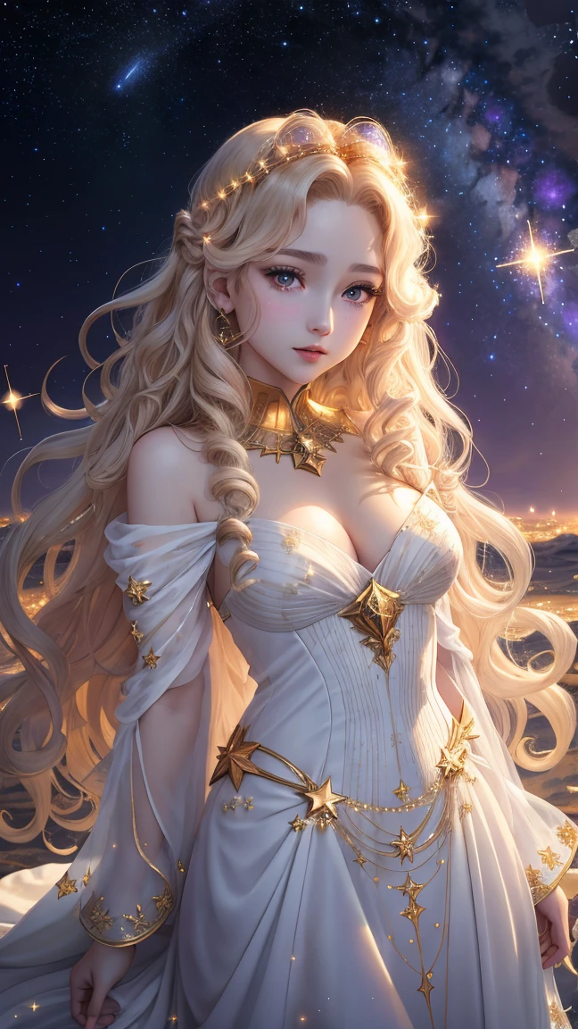 golden taurus,Blonde haired girl,background starry sky,The stars twinkle