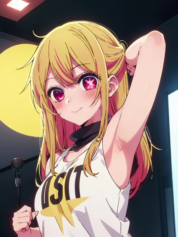 Hoshino Ruby、Good looking girl (Long blonde hair with square bangs, Big Red Eyes, One-eyed star,blush, Perfect Face), independent , looking at the camera, masterpiece, Anime art style, Cute Characters, Most detailed, high quality、Nico Nico Smile、Showing armpits