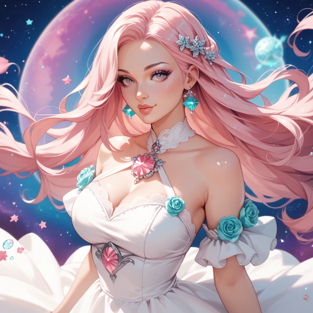 (Steven Universe) Pearl is a fictional character from the cartoon Steven Universe, white jewel on forehead, with white triangular hair(wearing a white dress) big boobies, big-ass(full body view)