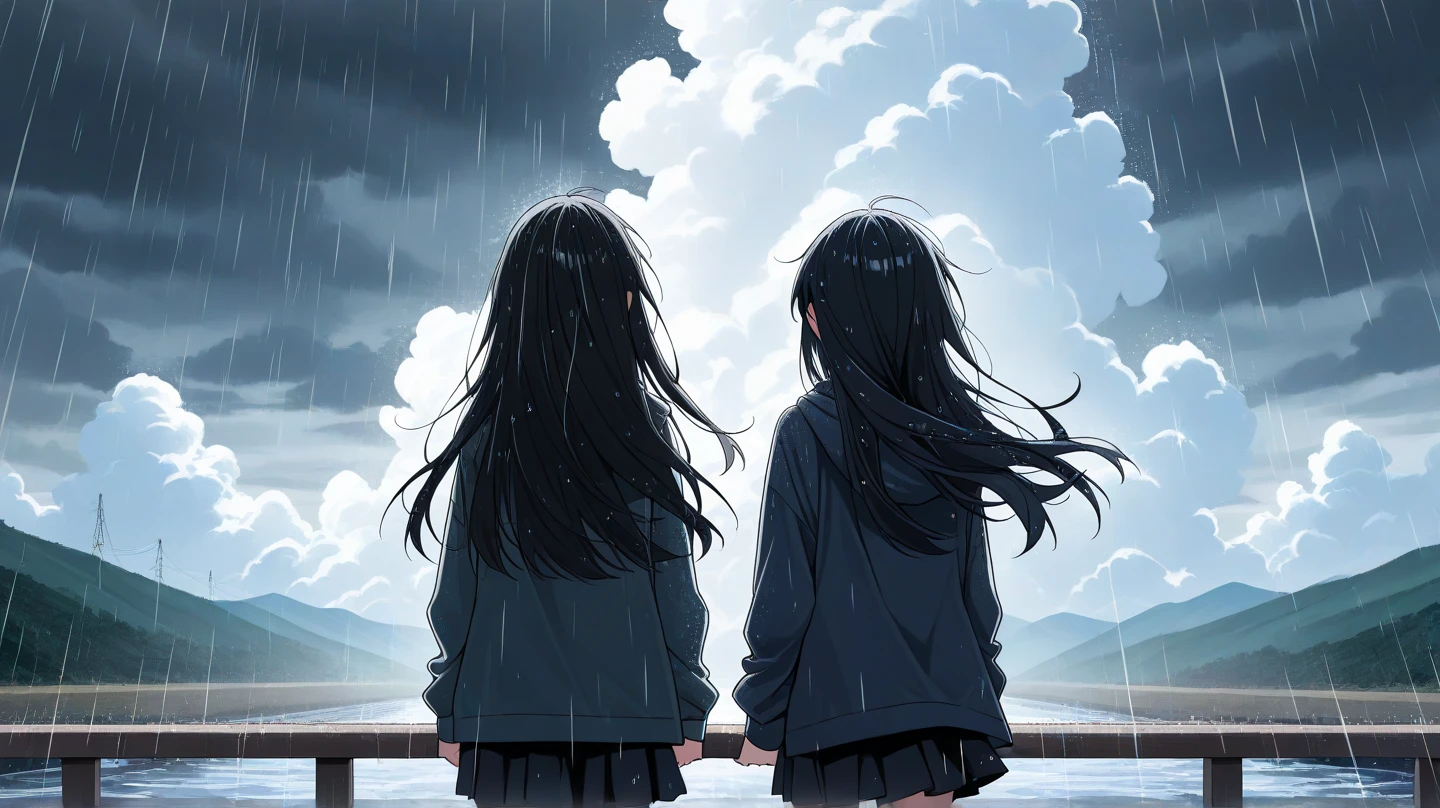 Girl stands by a river, light wind, long hair, black hair, melancholic, light rain, clouds breaking up in the sky