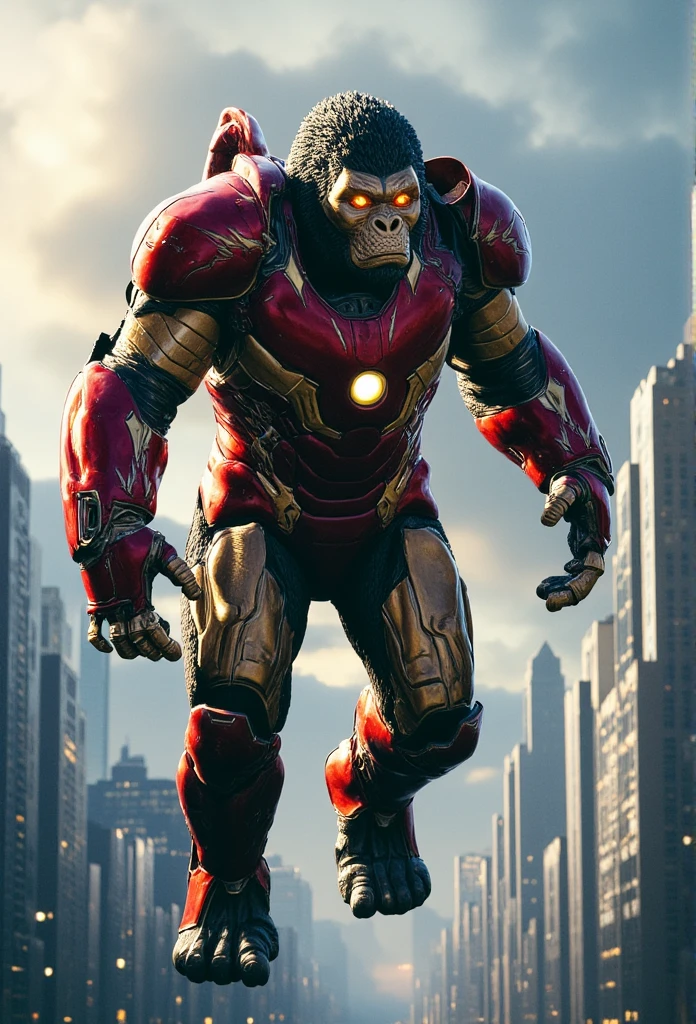 ((masterpiece)) ((photography)) ((Highest quality)) Iron Man transformed into a towering gorilla, his body armored with a sleek, metallic suit of red and gold. The gorilla’s face is revealed beneath a glowing arc reactor, and the rest of the armor is intricately designed with mechanical joints and repulsor beams ready to fire. The gorilla Iron Man hovers in the air with a powerful energy shield around him, ready for battle, with a futuristic cityscape in the background.