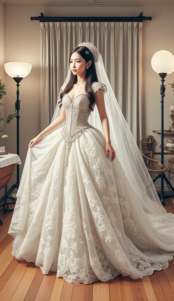 A beautiful young Korean woman is posing in a professional photography studio, wearing an elegant white wedding dress. The dress is intricately detailed with lace patterns, delicate embroidery, and shimmering beads that reflect the studio's soft lighting. Her long black hair is styled in loose waves, cascading over her shoulders, with a few strands framing her oval-shaped face. She wears a subtle yet radiant makeup look, emphasizing her almond-shaped dark brown eyes, rosy cheeks, and natural pink lips. 

Her graceful posture exudes confidence and elegance as she slightly turns her body to face the camera, with one hand gently holding the edge of her flowing dress. The gown features a fitted bodice, highlighting her slim waist, and a voluminous skirt that trails behind her, giving a classic bridal silhouette. A delicate veil drapes over her back, adding a touch of tradition and sophistication to her modern bridal look. 

The studio setup includes a neutral backdrop with soft white and beige tones, complemented by strategically placed lights that cast a warm glow, accentuating the details of the dress and her natural beauty. The floor is polished wood, and a soft spotlight focuses on her, creating a dreamy, cinematic atmosphere. Around her, professional cameras and lighting equipment can be seen, emphasizing the professional photography session. The overall composition is elegant and timeless, capturing the essence of bridal beauty and the joy of a special day.
(anime style 32K, HDR, UHD, intricate detail, extremely intricate detail, hyperrealistic, extremely realistic, high quality, vivid color, extremely detailed).