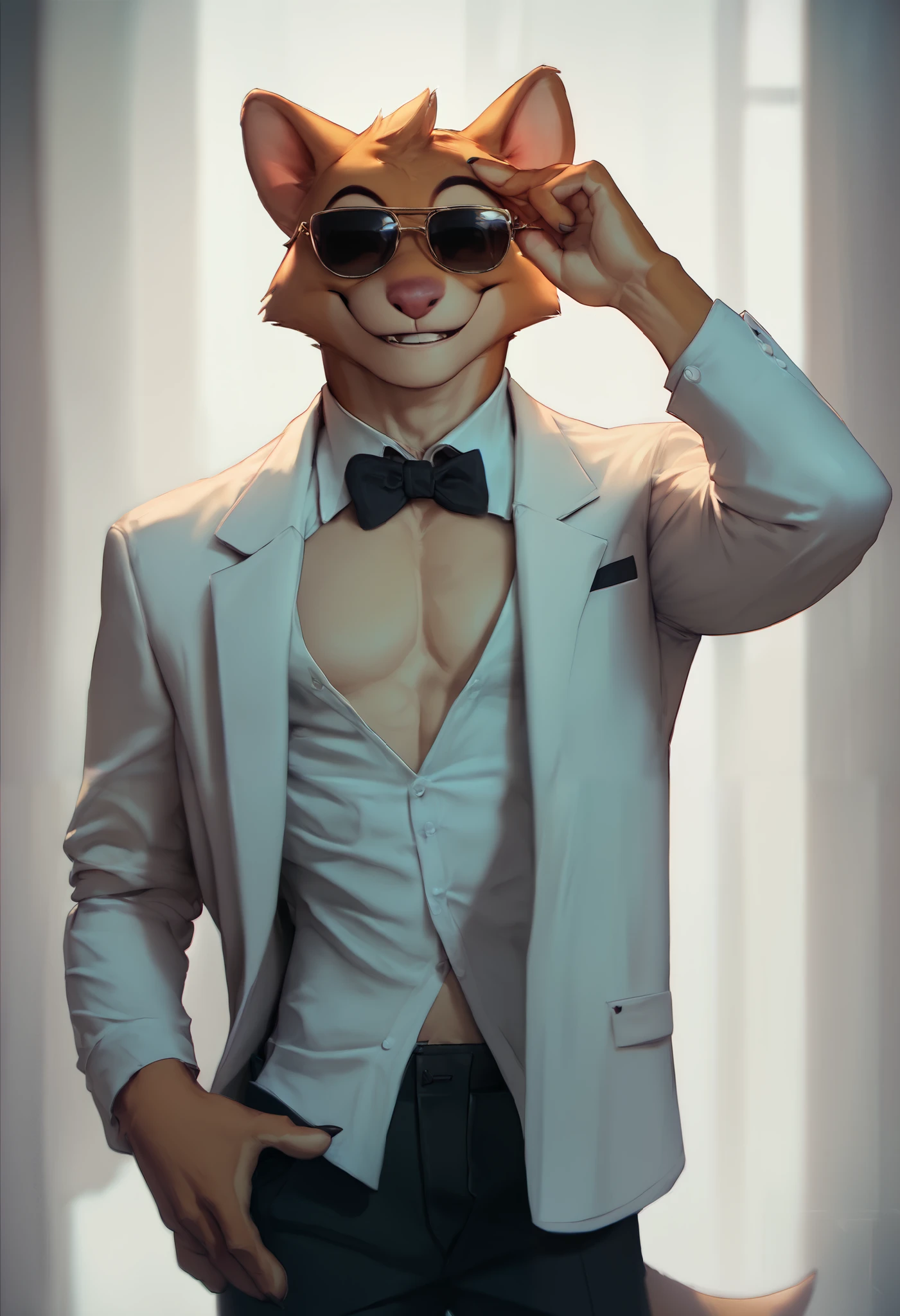 foreground ,Artistic, from a: man, Alone, furry, antromorfo, than, masculine, ADULT FACE, Abdominals , with hairstyle (Pompadour),.. attire: open white suit, Open white shirt, dress pants Black, Black bow tie, and some sunglasses,.. bottom: Set, photo shoot, single white room,.. pose: Adjusting his glasses, (cara lateral, ladeado), smiling at the camera.