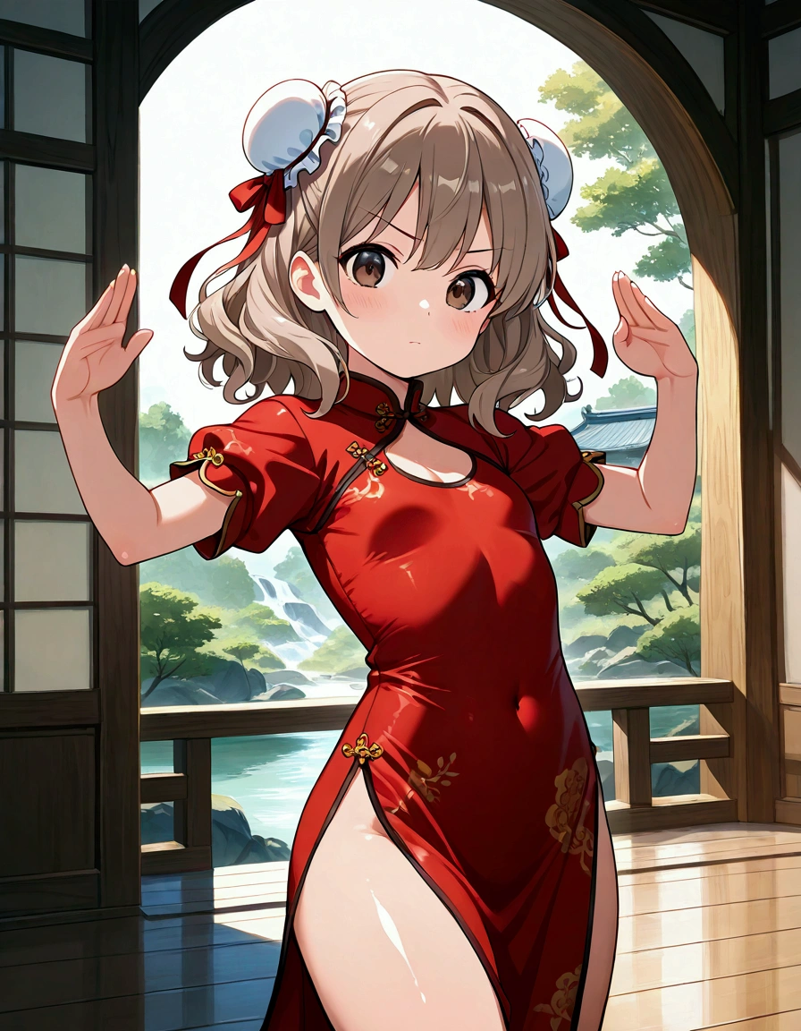 1girl, young, voluptuous, solo, light brown hair medium hair wavy hair, bun cover with ribbon, dark brown eyes, closed mouth, shiny chinese dress long dress short sleeves, covering privates stance, pose showing thighs, looking at viewer, masterpiece, best quality, very aesthetic, highly detailed, high resolution, amazing quality, absurdres,scenery,