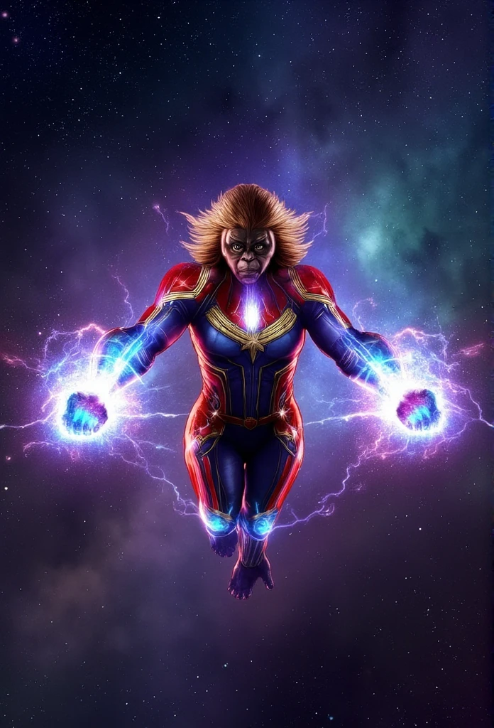 ((masterpiece)) ((photography)) ((Highest quality)) Captain Marvel reimagined as a powerful gorilla woman, her fur a mix of red, blue, and gold, resembling her iconic superhero outfit. Her eyes glow with cosmic energy, and her fists crackle with photon power. The gorilla Captain Marvel hovers in space, surrounded by swirling galaxies and cosmic dust, her strength radiating as she prepares to unleash an explosive burst of energy.