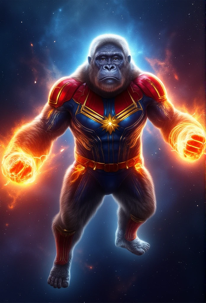 ((masterpiece)) ((photography)) ((Highest quality)) Captain Marvel reimagined as a powerful gorilla, her fur a mix of red, blue, and gold, resembling her iconic superhero outfit. Her eyes glow with cosmic energy, and her fists crackle with photon power. The gorilla Captain Marvel hovers in space, surrounded by swirling galaxies and cosmic dust, her strength radiating as she prepares to unleash an explosive burst of energy.