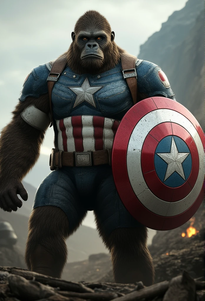 ((masterpiece)) ((photography)) ((Highest quality)) Captain America reimagined as a heroic gorilla, draped in a battle-worn shield that reflects his symbol of justice. His fur is dark brown with a patriotic red, white, and blue armor, featuring the stars and stripes on his chest. The gorilla Captain America stands tall, ready to defend with his shield raised high, his eyes filled with determination as the backdrop reveals a war-torn battlefield.