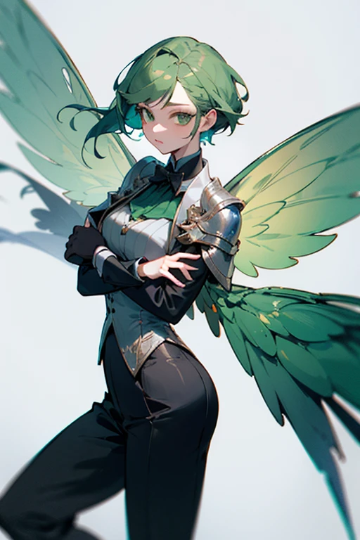 Black long hair, green eyes, dnd halfling, wings on back, androgynous, full body portrait, flat chest, defined muscle, smiling, nsfw, bulge