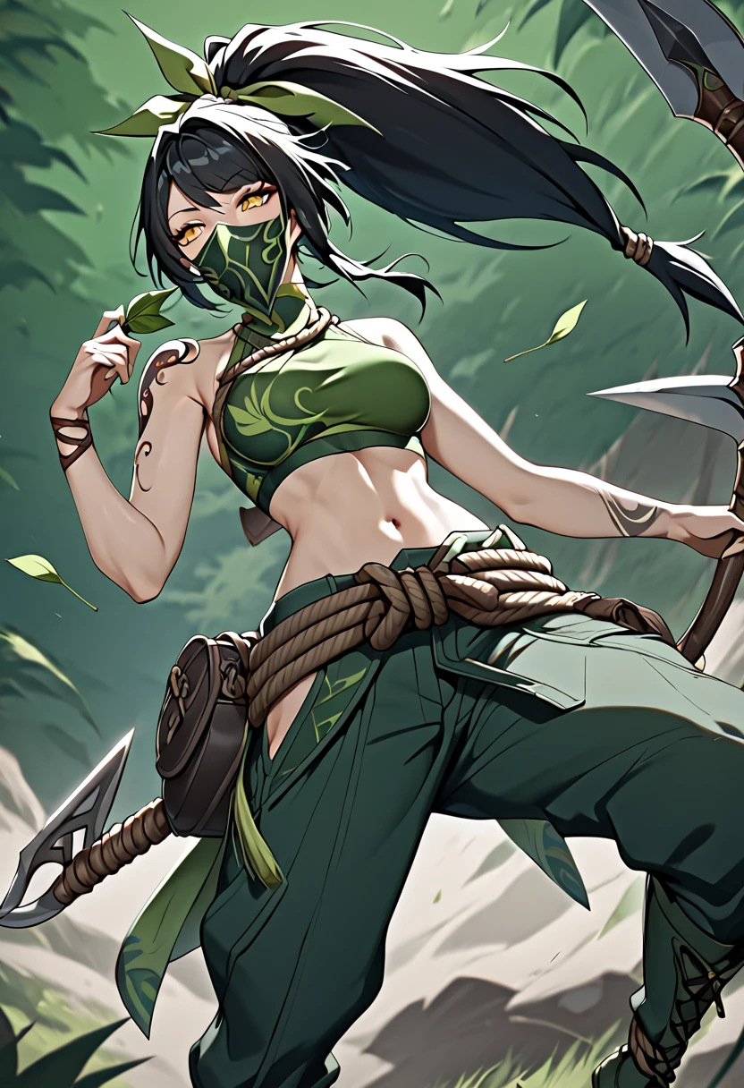 AkaliLoLXL, green mouth mask, yellow eyes, black hair, swept bangs, green ribbon, hair ribbon, long ponytail, arm tattoo, tattoo, medium breasts, bare shoulders, green crop top, leaf on hand, navel, rope belt, cylinder bag, hip vent, green pants, green boots, kunai, sickle, holding weapon