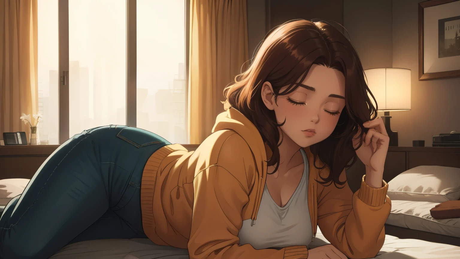 (masterpiece, best quality), "Wide landscape, small 1 woman"
, wavy hair, side view, blurry, upper body, necklace, desk, book, ponytail, , brown hair, rainy window, 