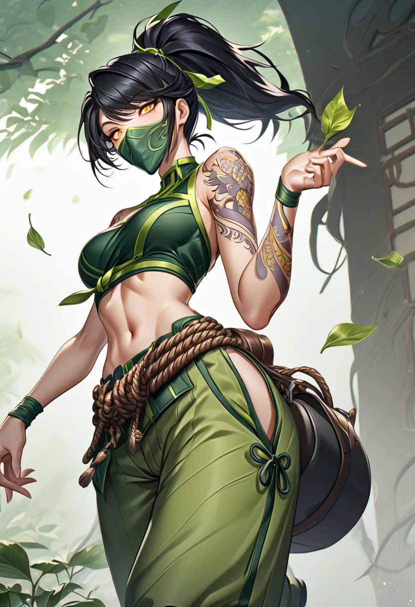 AkaliLoLXL, green mouth mask, yellow eyes, black hair, swept bangs, green ribbon, hair ribbon, long ponytail, arm tattoo, tattoo, medium breasts, bare shoulders, green crop top, leaf on hand, navel, rope belt, cylinder bag, hip vent, green pants, green boots